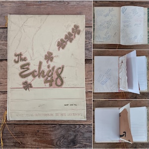 May include: Vintage yearbook titled "The Echo's '48" with a cream-colored cover. The cover features the title in a brown and pink font, along with shamrock designs. The yearbook is open, revealing handwritten signatures and blank pages.