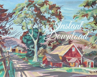 Instant Download Vintage Paint By Number Completed "Going Home" 33M Print Your Own Finished Painting Country Road FarmLandscape