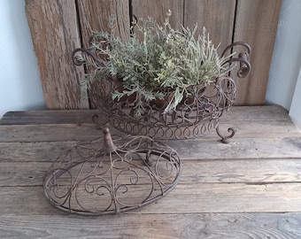 Vintage Antiqued Woven Metal Large Handled Basket with Lid Decorative Footed Pedestal Flowers Eggs Fruit Wrought Iron