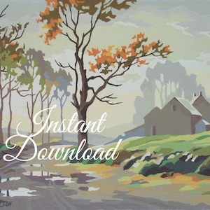 以下が含まれることがあります： 農家、木々、土の道のある田舎の風景を描いた、ヴィンテージの塗り絵による風景画。絵は、薄い灰色の空に、茶色、緑、青の色合いで描かれている。画像には「即時ダウンロード」というテキストが重ねられている。