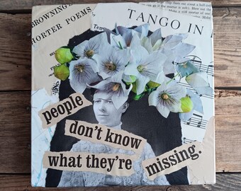 Original Analog Collage Art Portrait of Woman Flowers Vintage Book Pages Handmade