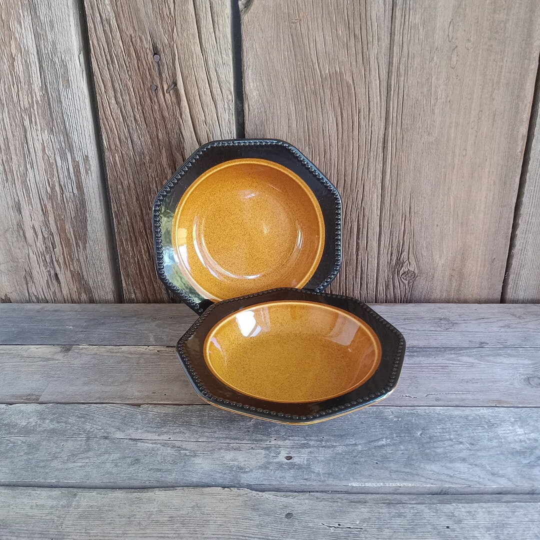 Two Vintage 70s Sears Ironstone Octagon Amber Cereal Bowls USA