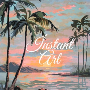 Printable Vintage Paint By Number "Sunset Lagoon 2B" Instant Art Download Finished Print Your Own Palm Trees Beach Tropical Ocean Hawaii
