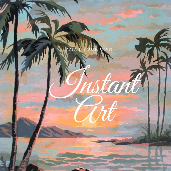 Printable Vintage Paint By Number "Sunset Lagoon 2B" Instant Art Download Finished Print Your Own Palm Trees Beach Tropical Ocean Hawaii