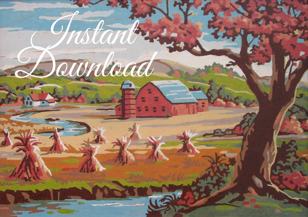 Printable Vintage Paint by Number Completed autumn Landscape 32AA