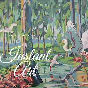 Pintura vintage imprimible por número Crane "Bird Tropicana Feathered Haven 27SSS3" Descarga instantánea Aves tropicales terminadas Florida