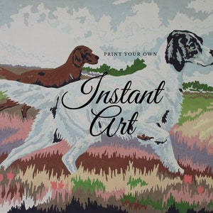Printable Vintage Paint By Number Completed &quot;At Point 10DD2&quot; Instant Download Print Your Own Instant Wall Art Pointer Dogs Hunting
