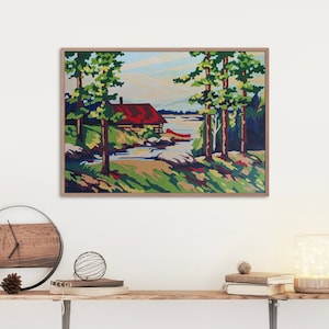 Giclee Art PRINT Vintage Paint By Number FINISHED &quot;Cabin&quot; 20UN7 Textured Archival Canvas Paper Unframed