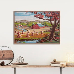 Giclee Art PRINT Vintage Paint By Number FINISHED &quot;Autumn Landscape&quot; 32AA Textured Archival Canvas Paper Unframed