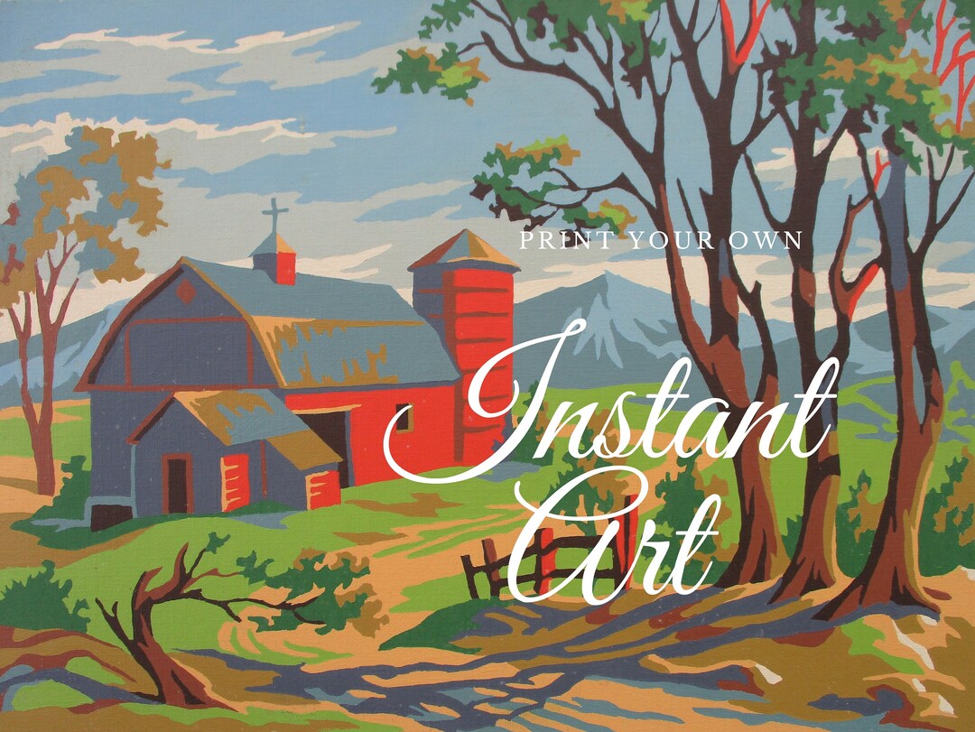 Printable Vintage Paint by Number Completed Red Barn winding Road 48K