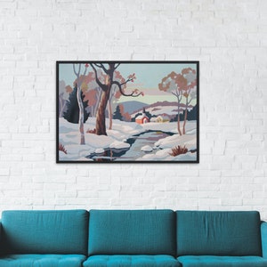 Giclee Art PRINT Vintage Paint By Number FINISHED &quot;Snow Scene&quot; 18SS Textured Archival Canvas Paper Unframed