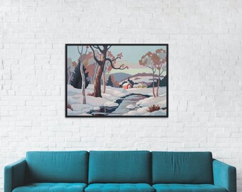 Giclee Art PRINT Vintage Paint By Number FINISHED "Snow Scene" 18SS Textured Archival Canvas Paper Unframed