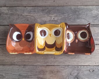 Owls Serving Bowl Divided Retro Ceramic Snack Tray Mesa Home Products Candy Nuts