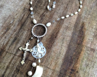 Vintage Upcycled Mother of Pearl Rosary Multi Charm Assemblage Necklace,OOAK,Repurposed,Religious Assemblage