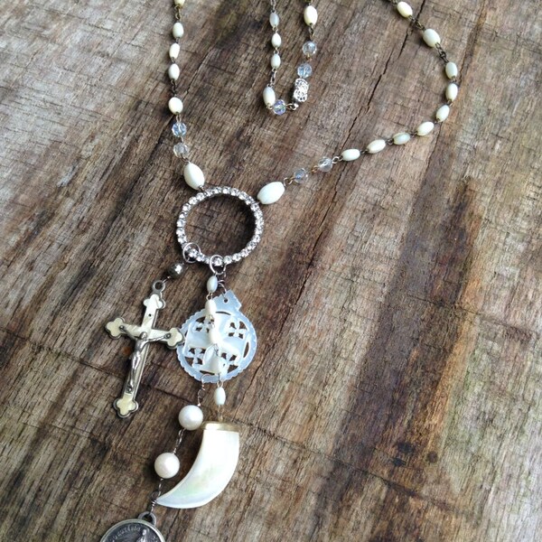 Vintage Upcycled Mother of Pearl Rosary Multi Charm Assemblage Necklace,OOAK,Repurposed,Religious Assemblage