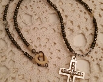 Upcycled Mother of Pearl Rhinestone Cross with Pyrite Beaded Layering Necklace,ooak,Religious Assemblage, Everyday wear