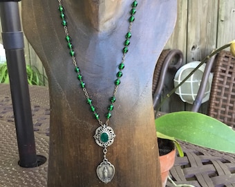 Upcycled Vintage Green Rosary Assemblage Necklace, Religious Medal, OOAK, Repurposed