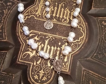 Vintage Religious Rosary Freshwater Pearl Necklace, ooak,Repurposed, Religious Assemblage
