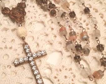Upcycled Vintage Religious Wire Wrapped Moonstone Assemblage Necklace,ooak, Rhinestone Cross,Religious Assemblage