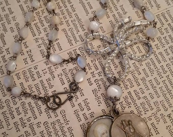 Upcycled Vintage Mother of Pearl Rosary Religious Assemblage Necklace, French Sliding Locket,ooak,Rhinestone