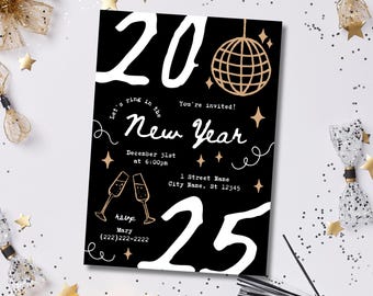 May include: Black and white New Year's Eve party invitation with gold glitter accents. The invitation features a disco ball, champagne flutes, and the text "Let's ring in the New Year" and "You're invited!"