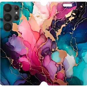 Samsung S23 Ultra-portemonnee met opvouwbaar telefoonhoesje, in schitterend roze en blauwe vloeiende inkt die overgaat in groenblauw met een vleugje goud.