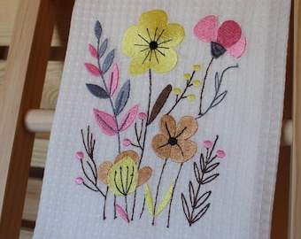 Embroidered Floral Kitchen Towel, Colorful Flower Design , Decorative Floral Dish or Hand Towel