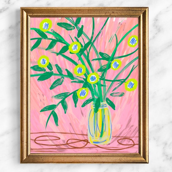 Pink, Green, and Neon Yellow Floral Bouquet Giclee Art Print, Unframed, Bright and Bold Flower Wall Art, Gifts for Her, Abstract Wall Art
