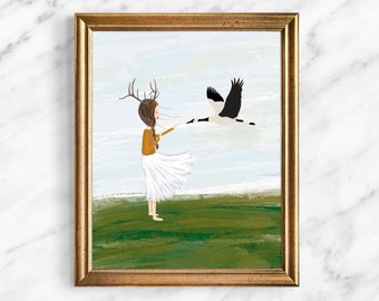 The Girl and the Goose Giclee Art Print, Unframed, Fairy Tale Art Print, Gallery Wall Art, Girl Bedroom Decor