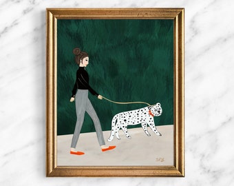 Girl Walking A Snow Leopard Giclee Art Print, Whimsical Illustration, Gallery Wall Art, Girl Bedroom Decor, Women Office Decor, Women Gifts