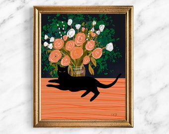 Black Cat Floral Still Life Giclee Art Print, Black Cat Painting, Children Bedroom Decor, Cat Lover Gift, Nursery Wall Art, Girl Art