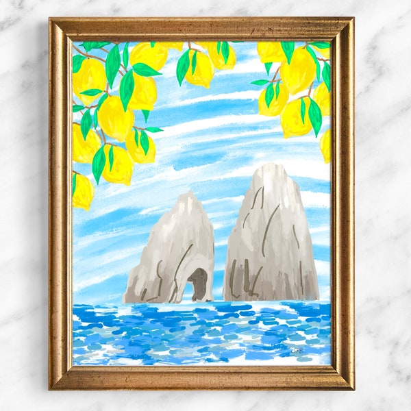 Island of Capri Giclee Art Print, Unframed, Amalfi Coast Painting, Italy Wall Art, Sea Art PrintGift, Mediterranean Sea Summer