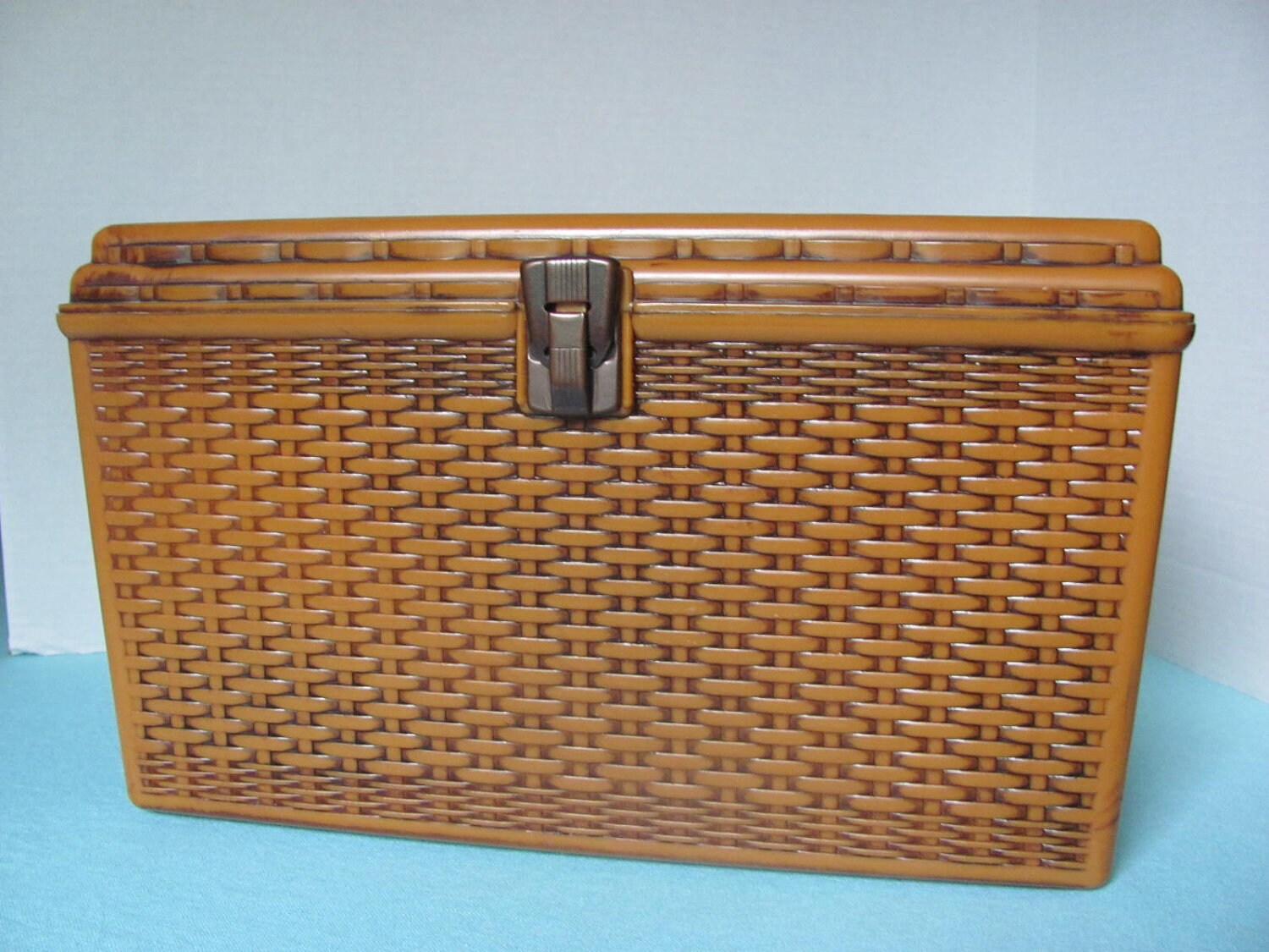Vintage Faux Wicker Plastic Sewing Basket Box with Two Trays Etsy