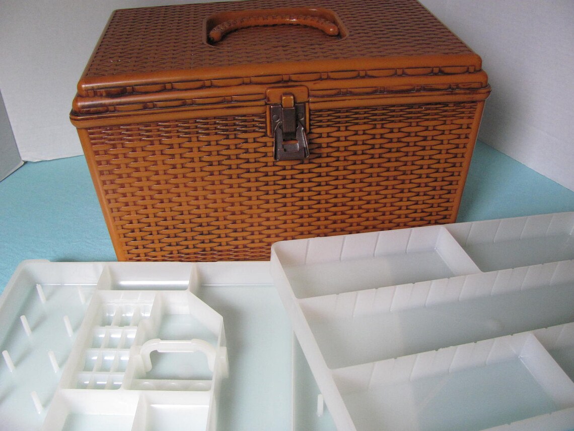 Vintage Faux Wicker Plastic Sewing Basket Box with Two Trays Etsy