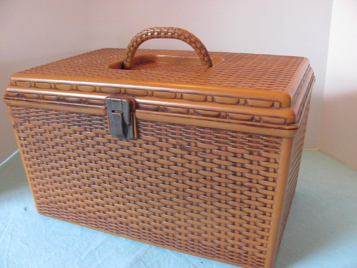 Vintage Faux Wicker Plastic Sewing Basket Box with Two Trays Etsy