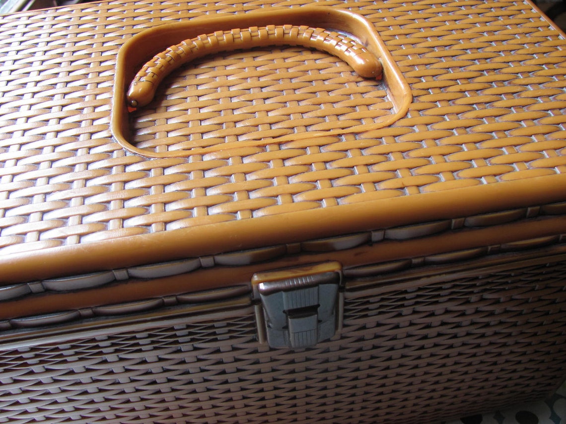 Vintage Faux Wicker Plastic Sewing Basket Box with Two Trays Etsy