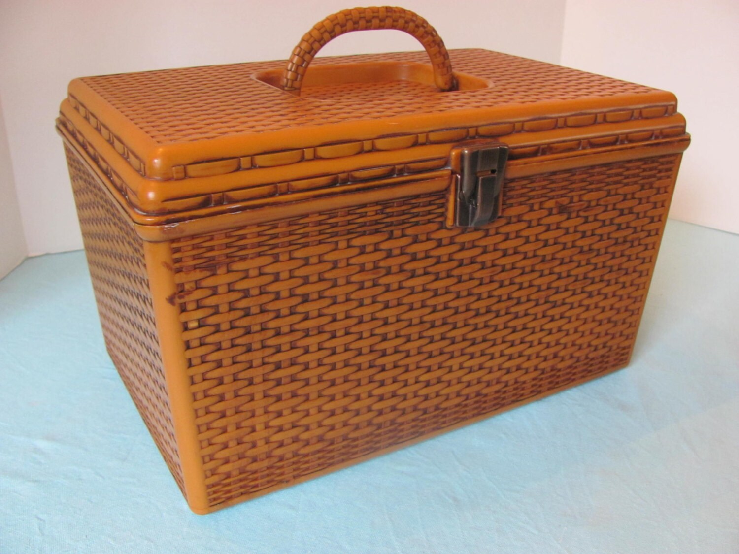 Vintage Faux Wicker Plastic Sewing Basket Box with Two Trays Etsy