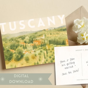 Vykort med spara-datumet-motiv från Toscana, Italien – Mall för akvarell Canvas | Digital nedladdning för bröllop på destinationer