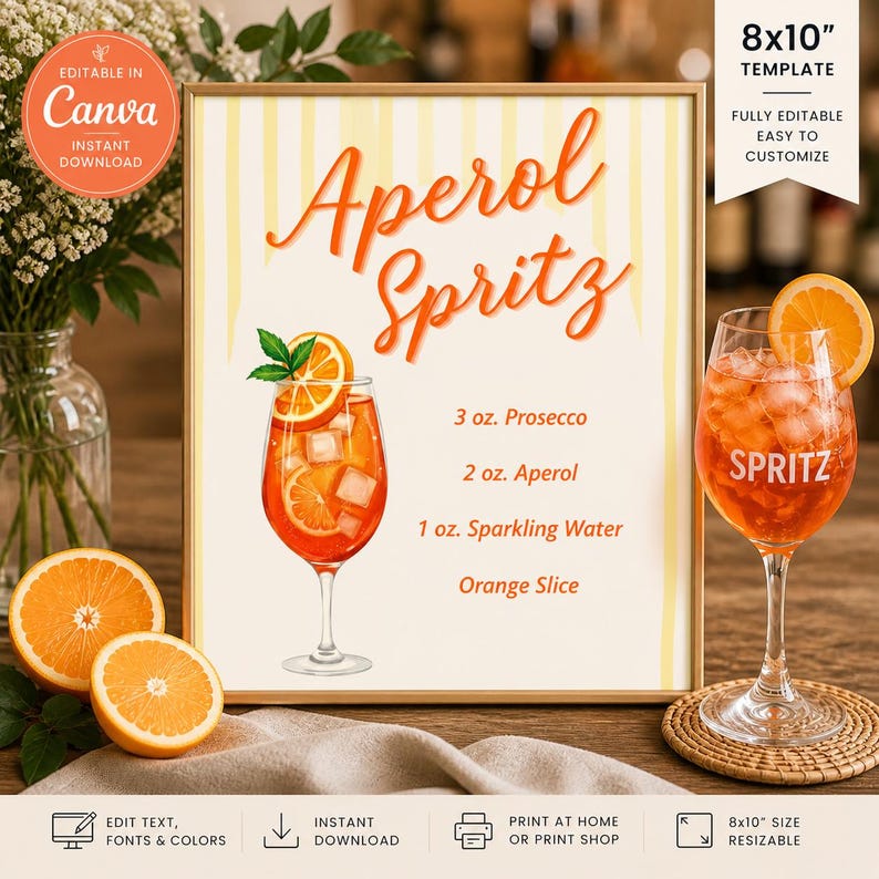 May include: Aperol Spritz recipe sign with orange text and a gold frame. The sign includes a graphic of an Aperol Spritz cocktail with ingredients: 3 oz. Prosecco, 2 oz. Aperol, 1 oz. Sparkling Water, and an orange slice. The sign is 8x10 inches.