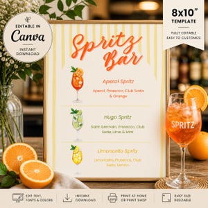 以下が含まれることがあります： オレンジ色のスクリプトで「Spritz Bar」と書かれた額入りの看板。看板には、アペロール、ヒューゴ、リモンチェッロの3つのスプリッツカクテルがリストされています。オレンジのスライスがスプリッツのグラスを飾っています。看板は20.32 x 25.4 cmのテンプレートです。