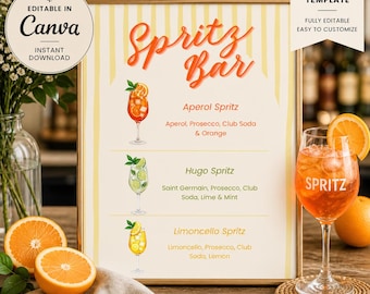 Modello di menu per Spritz Bar – Cartello cocktail modificabile su Canva / Spritz con Aperol, Hugo e Limoncello / Menù per bar di matrimonio stampabile in formato 8x10