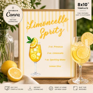 May include: A framed 8x10 inch template with a Limoncello Spritz recipe. The design features a yellow and white striped background, a watercolor illustration of the cocktail, and a glass of the drink. The recipe includes 3 oz. Prosecco, 2 oz. Limoncello, and 1 oz. Sparkling Water.