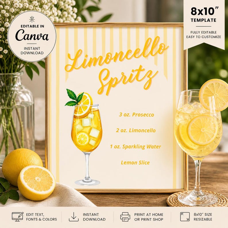 May include: A framed 8x10 inch template with a Limoncello Spritz recipe. The design features a yellow and white striped background, a watercolor illustration of the cocktail, and a glass of the drink. The recipe includes 3 oz. Prosecco, 2 oz. Limoncello, and 1 oz. Sparkling Water.