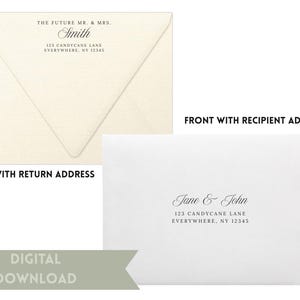 Peut inclure: Deux enveloppes, une crème et une blanche, avec un texte manuscrit élégant. L'enveloppe crème indique "THE FUTURE MR. & MRS. Smith" avec une adresse. L'enveloppe blanche indique "Jane & John" avec une adresse. Les mots "DIGITAL DOWNLOAD" sont également visibles.