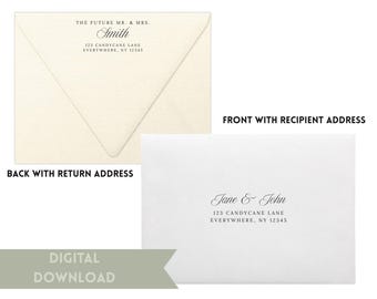 May include: Two envelopes, one cream-colored and one white, with elegant script text. The cream envelope reads "THE FUTURE MR. & MRS. Smith" with an address. The white envelope reads "Jane & John" with an address. The words "DIGITAL DOWNLOAD" are also visible.