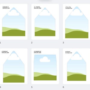 Könnte beinhalten: Sechs verschiedene Umschlagliner-Designs werden gezeigt, jedes mit einer Landschaftsszene mit blauem Himmel, weißer Wolke und grünen Hügeln. Die Designs umfassen Standard A7, A7 Pointed, A7 Euro Flap, A7 Euroflap, A7 Square Flap und 6,5 Square.