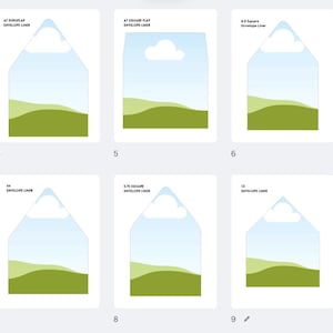 Op de afbeelding: Een verzameling envelopvoeringen met landschapsontwerpen. Elke voering heeft een lucht met een wolk, groene heuvels en een witte rand. De voeringen zijn gelabeld met maten zoals A7 Euroflap, A7 Square Flap en 6.5 Square.