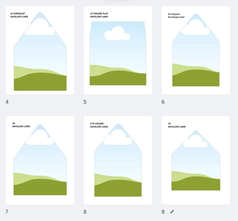 Op de afbeelding: Een verzameling envelopvoeringen met landschapsontwerpen. Elke voering heeft een lucht met een wolk, groene heuvels en een witte rand. De voeringen zijn gelabeld met maten zoals A7 Euroflap, A7 Square Flap en 6.5 Square.