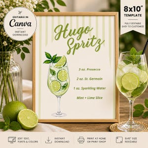 May include: A framed print with a Hugo Spritz cocktail recipe. The recipe includes Prosecco, St. Germain, and sparkling water, garnished with mint and lime. The print is 8x10 inches and fully editable.