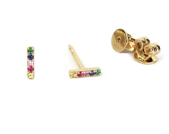 14K Rainbow Bar Earrings • Sapphire Rainbow Gemstone Earrings • Solid Gold Line Earrings • Genuine Gemstone Tiny Bar Studs • Single or PAIR